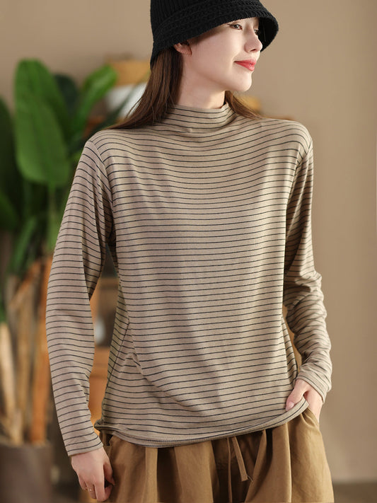 Women Autumn Casual Stripe Half Turtleneck Blouse AI1064