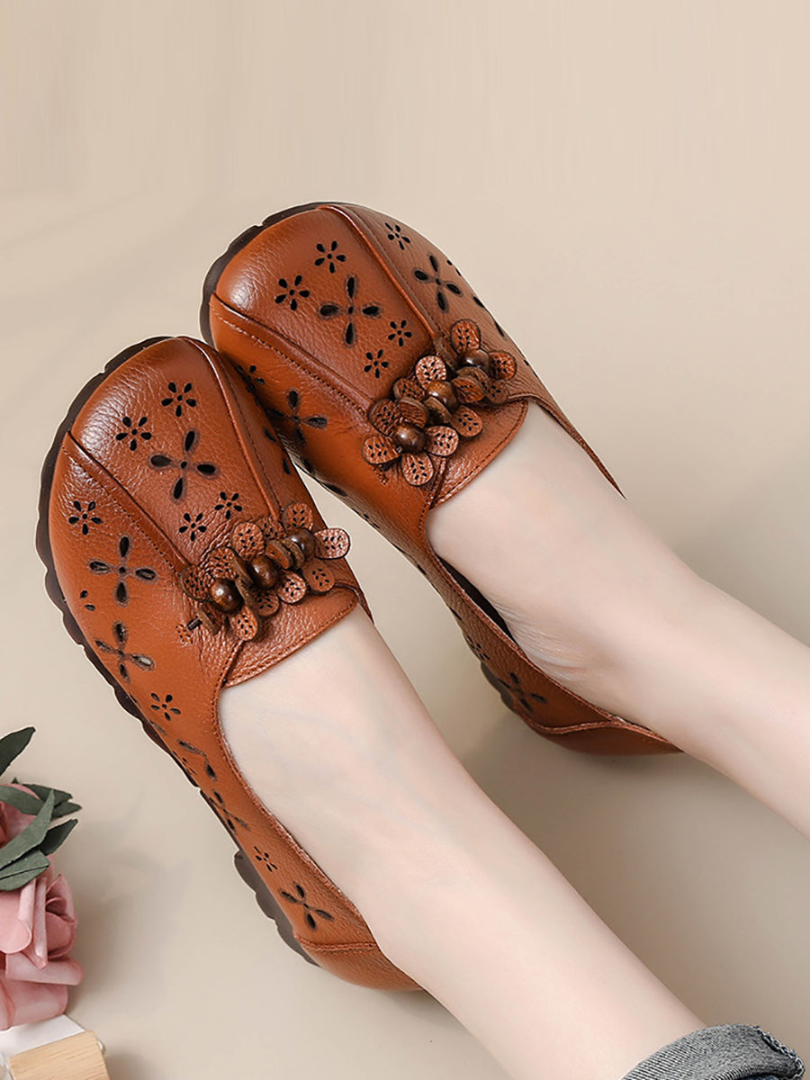 Chaussures d'été en cuir vintage à découpes florales pour femmes FG1026