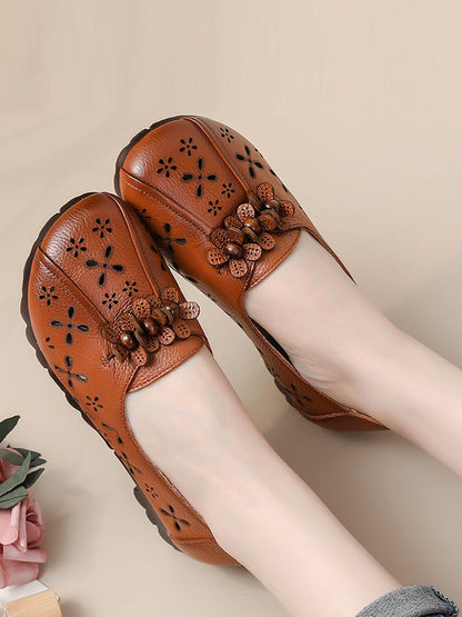 Chaussures d'été en cuir vintage à découpes florales pour femmes FG1026