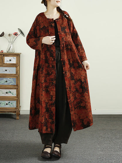 Women Ethnic Flower Button Linen Shirt Coat AI1017