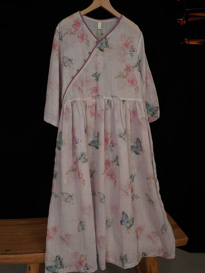 Robe ample à col en V et imprimé floral vintage pour femme, été, OP1033