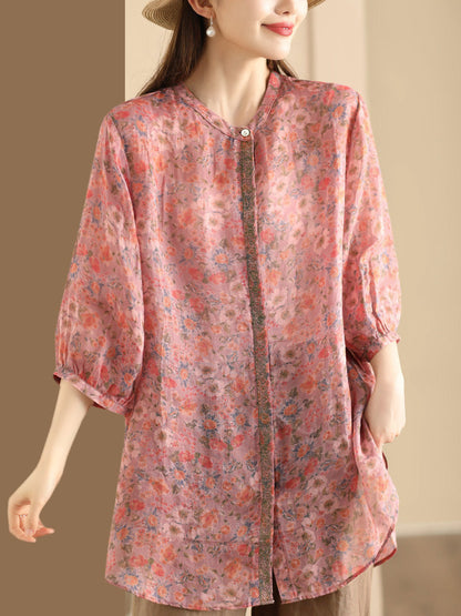 Chemise longue d'été en ramie à imprimé floral artistique pour femme BN1007