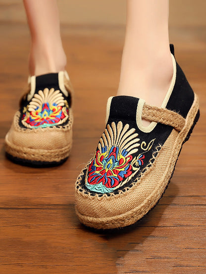 Women Summer Ethnic Embroidery Cloth Linen Flat Shoes AH1011