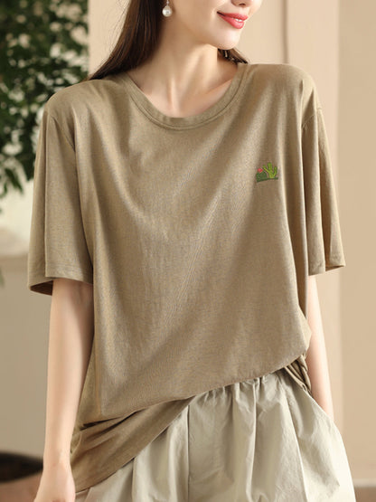 Women Summer Casual Solid Embroidery O-Neck Cotton Shirt CX060