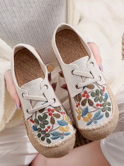 Chaussures d'été en lin brodées de fleurs vintage pour femmes AT1068