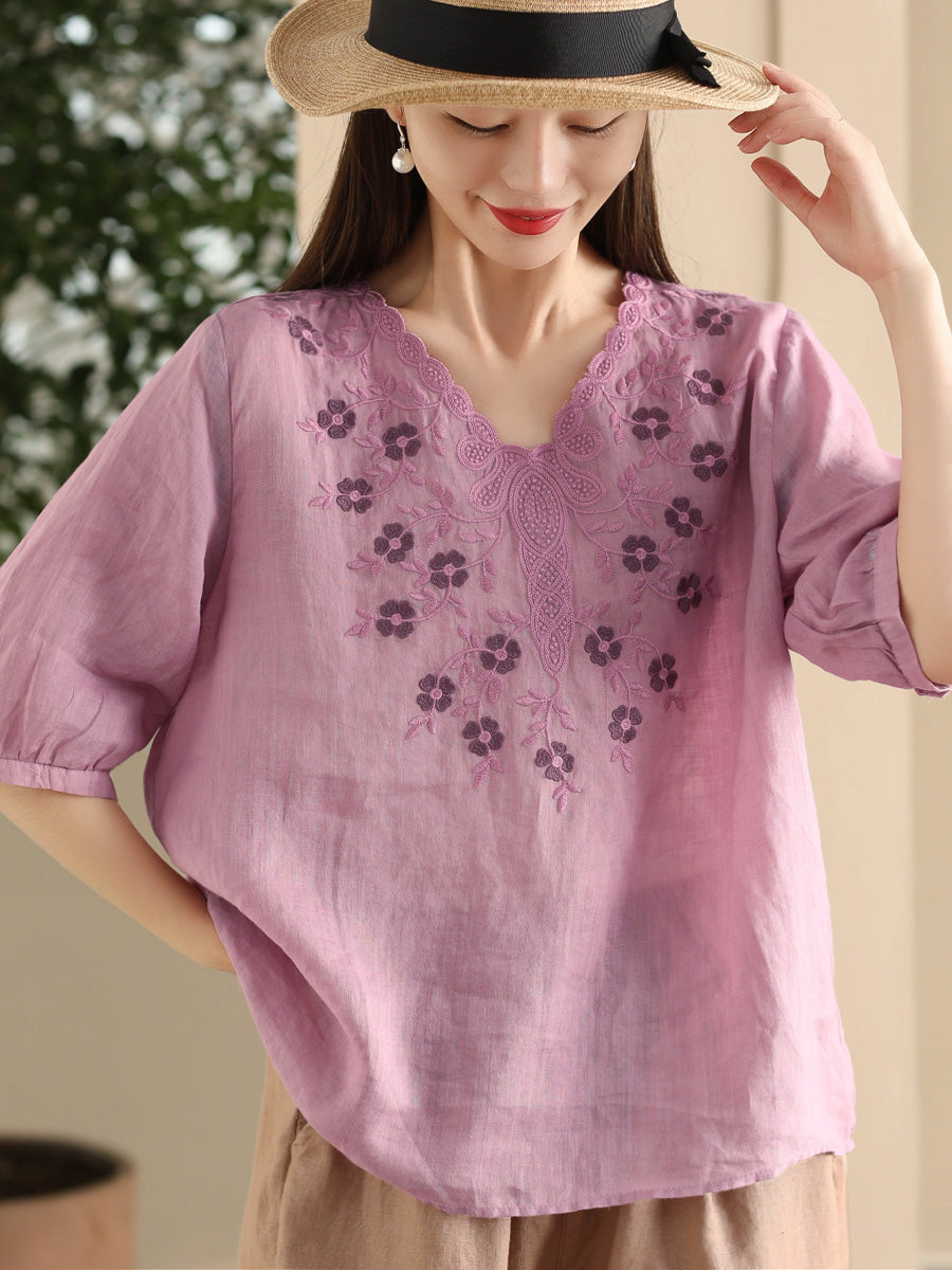 Chemise d'été à col en V avec broderie florale artistique pour femme CC030