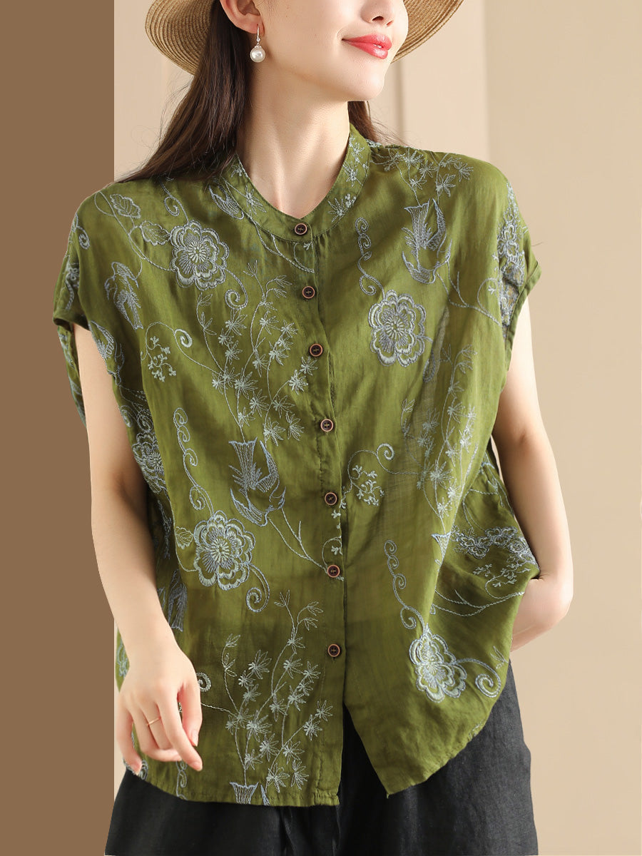 Women Summer Vintage Flower Embroidery Button Ramie Shirt OO1048