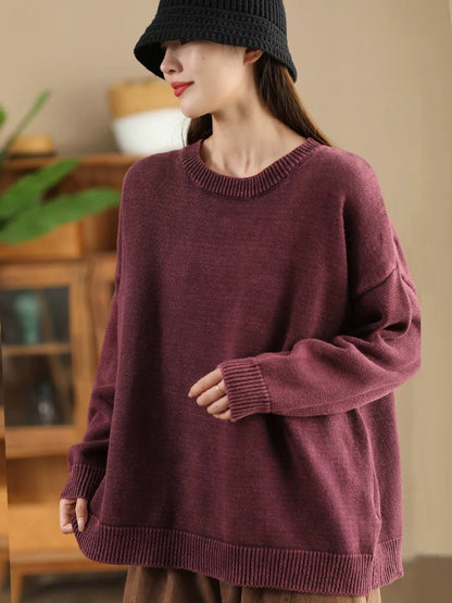 Women Autumn Casual O-Neck Pure Color Knit Sweater AK1028