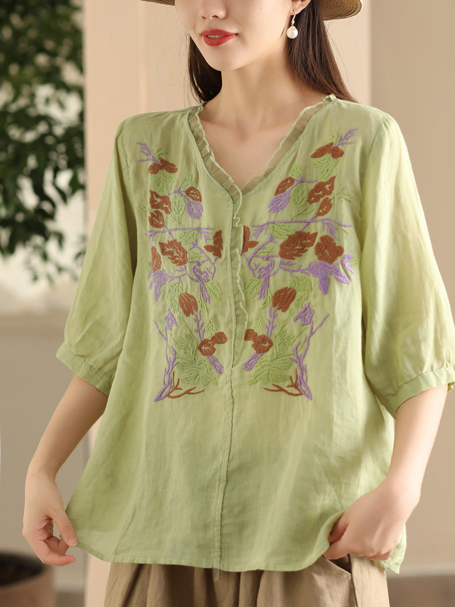 Women Summer Vintage Flower Embroidery Lace Ramie Shirt FD044