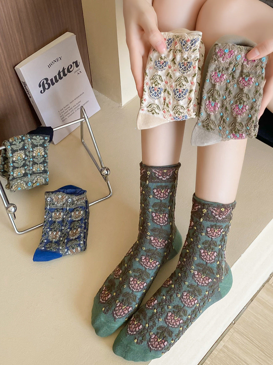 5 Pairs Women Artsy Floral Jacquard Cotton Socks AS1030