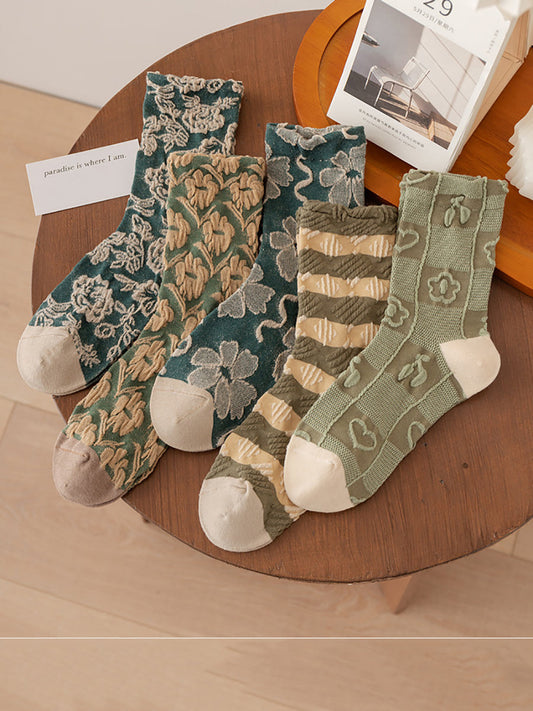 5 Pairs Women Artsy Flower Jacquard Cotton Socks AT1035