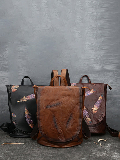 Women Vintage Leather Feather Embossing Backpack AH1089