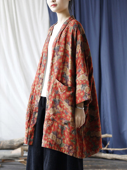 Women Ethnic Floral V-neck Pocket Cardigan Coat RR019