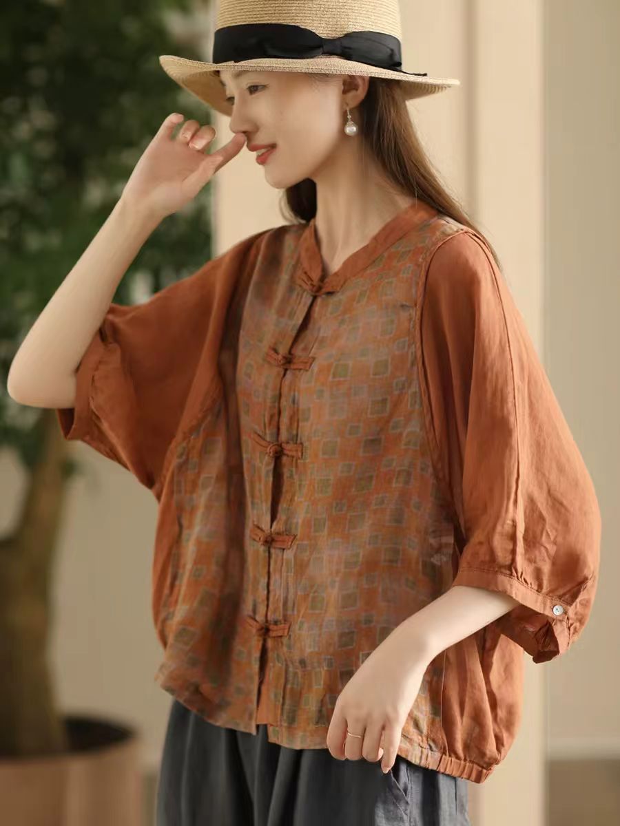 Women Summer Vintage Flower Spliced Button-up Ramie Shirt FD042