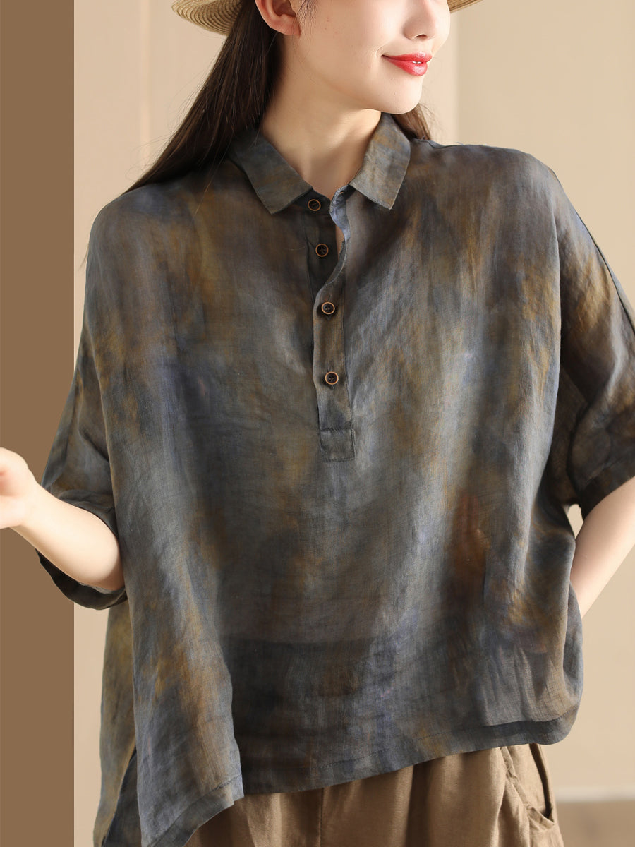 Women Summer Vintage Tie-dye POLO Ramie Shirt OO1045