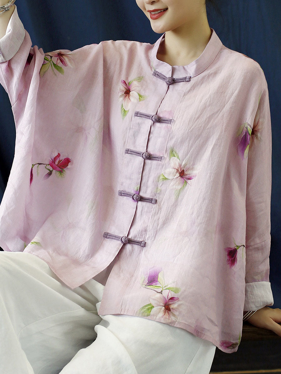 Plus Size Women Vintage Flower Pink Spring Ramie Shirt Coat PP1051