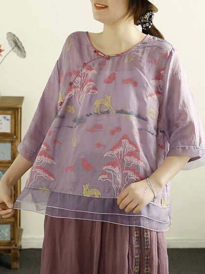 Women Vintage Summer Embroidery Ramie O-Neck Shirt OO1007