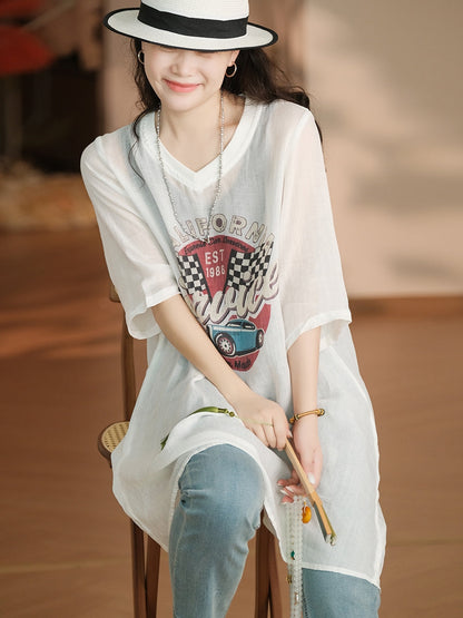 Women Summer Casual Print V-Neck Ramie Long Shirt LL022