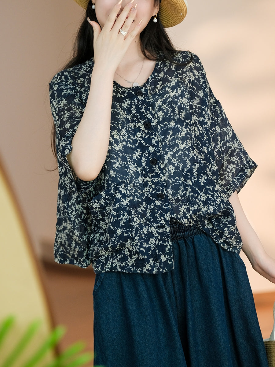 Women Summer Artsy Flower Button-up Pocket Ramie Shirt CC047