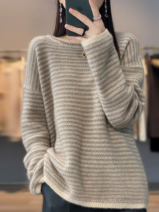 Women Autumn Casual Stripe O-Neck Wool Knit Sweater AT1012