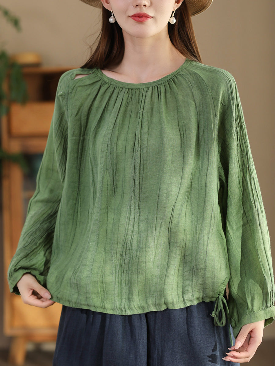 Women Summer Artsy Strap Hem O-Neck Ramie Blouse AS1026