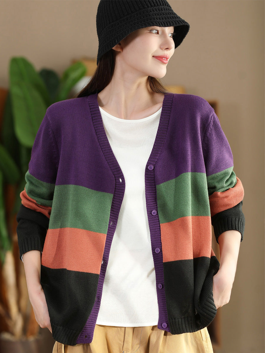 Women Autumn Colorblock V-Neck Knit Sweater AS1012