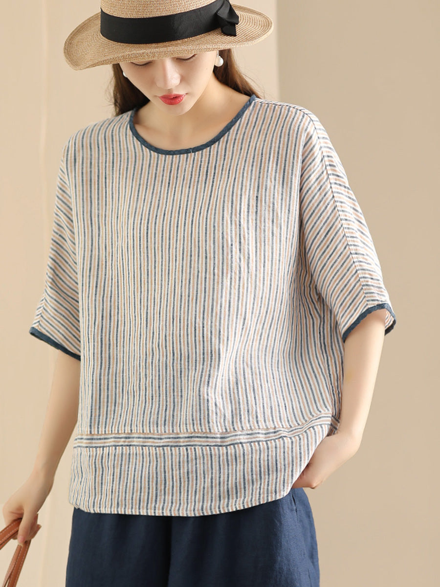 Women Summer Vintage Stripe Spliced Linen Shirt BN1040