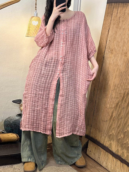 Women Retro Plaid Button-up O-Neck Linen Long Shirt CC028