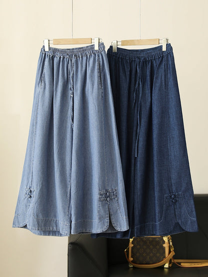 Women Summer Vintage Buckle Wide-leg Denim Pants CX031