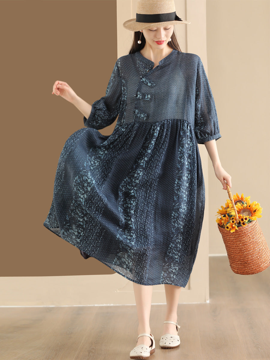 Women Summer Vintage Floral Spliced Ramie Dress PP1013