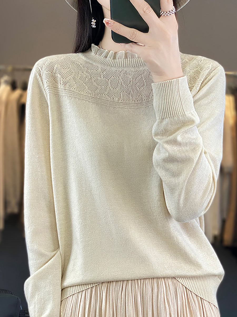 Pull ample 100 % laine à col en dentelle pour femme QM020