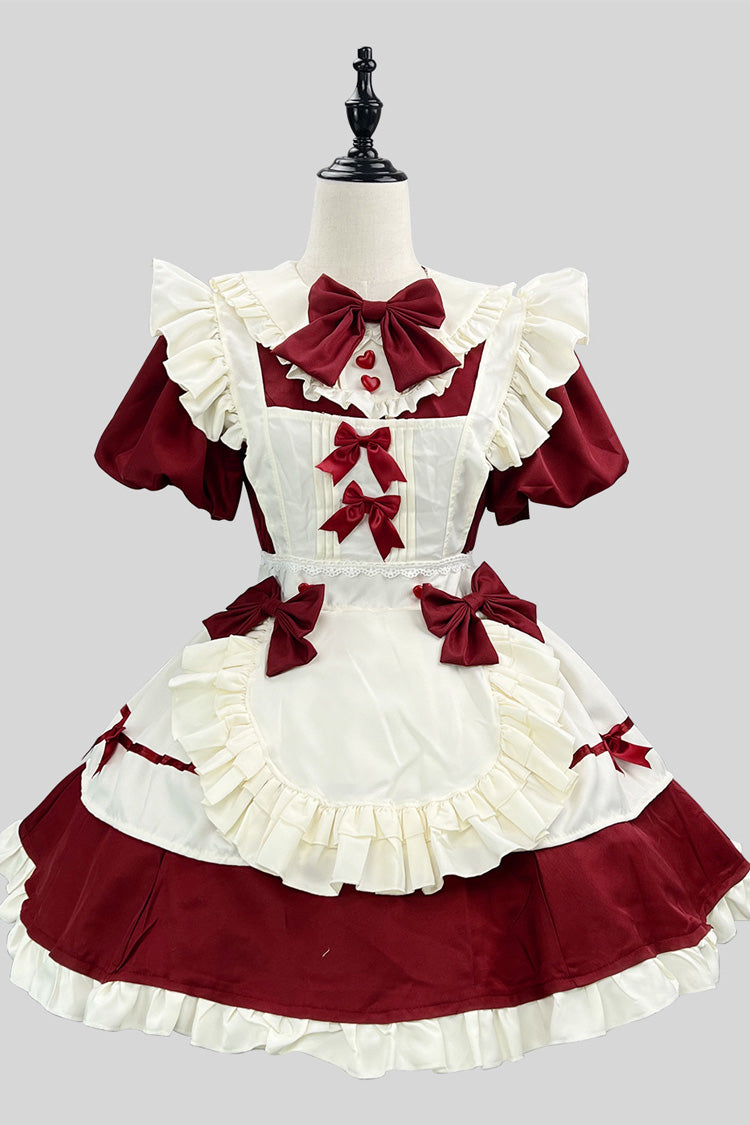 Plus-Size Sweet Maid Dress with Ruffle Bowknot and Lace, Short Sleeves, Wine/White - MaidCouture