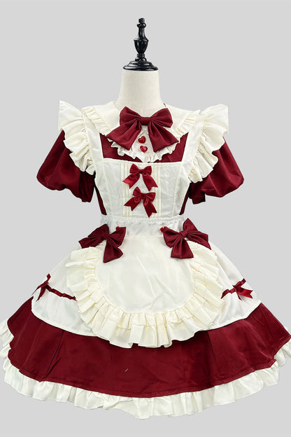 Plus-Size Sweet Maid Dress with Ruffle Bowknot and Lace, Short Sleeves, Wine/White - MaidCouture