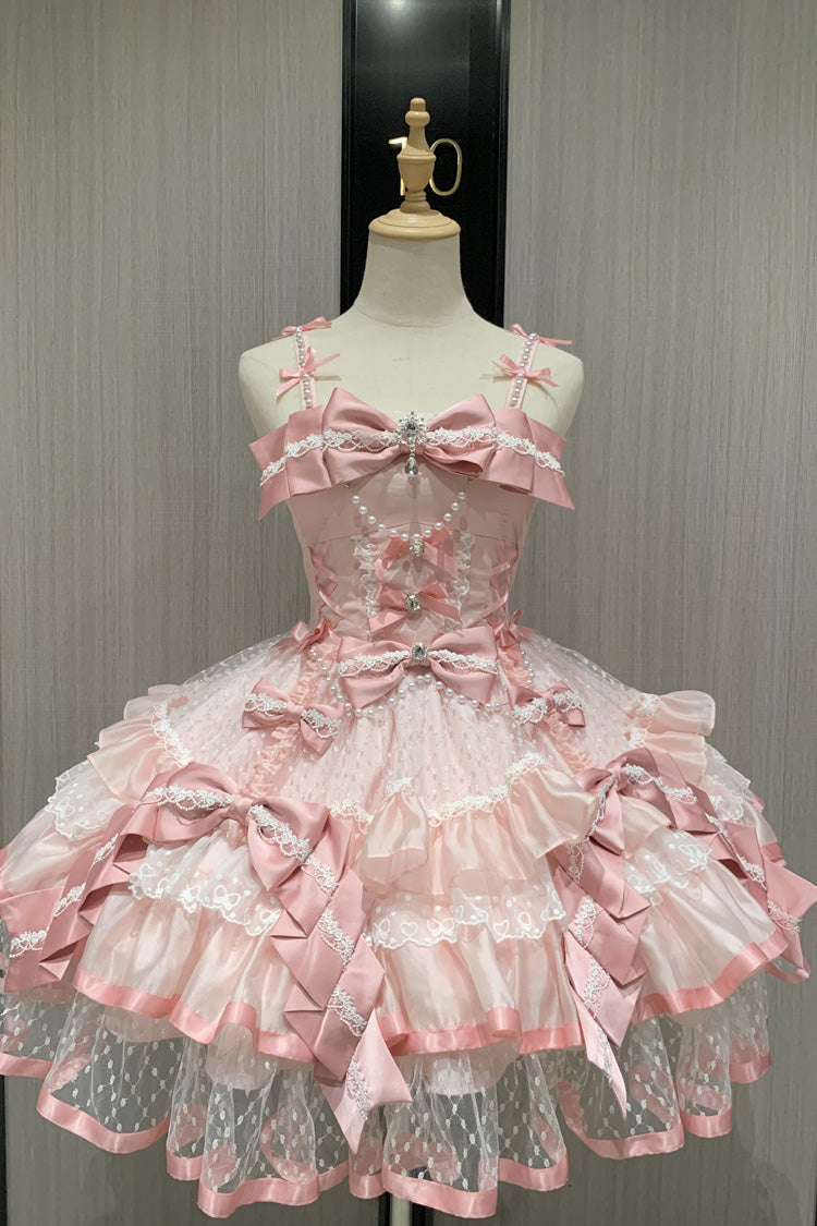 Blush Sleeveless Triple-Tier Ruffle Bow Lace Ballerina JSK - Gem Love