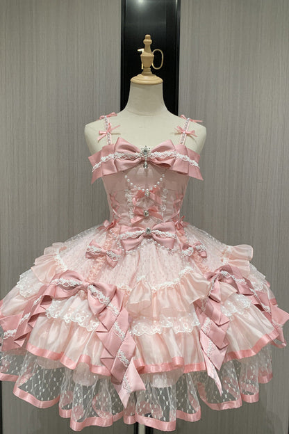 Blush Sleeveless Triple-Tier Ruffle Bow Lace Ballerina JSK - Gem Love
