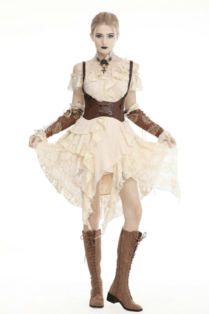 Steampunk Vintage Women's Dress with Irregular Ruffled Lace Layers, Cream