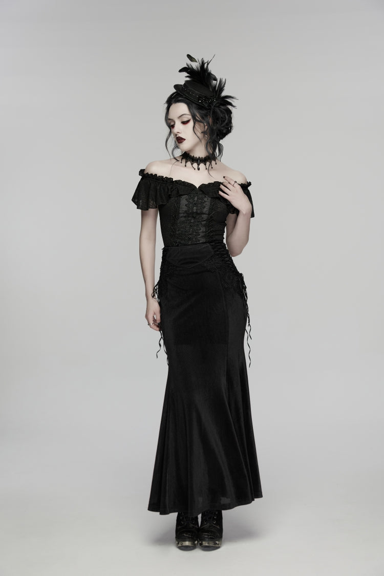 Lace-Up Slim Embroidered Elegant Long Gothic Skirt for Women