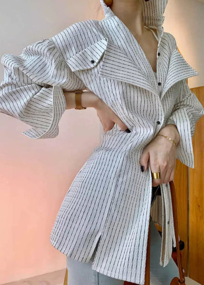 White Striped Design Shirt Original Art Cotton Button Spring