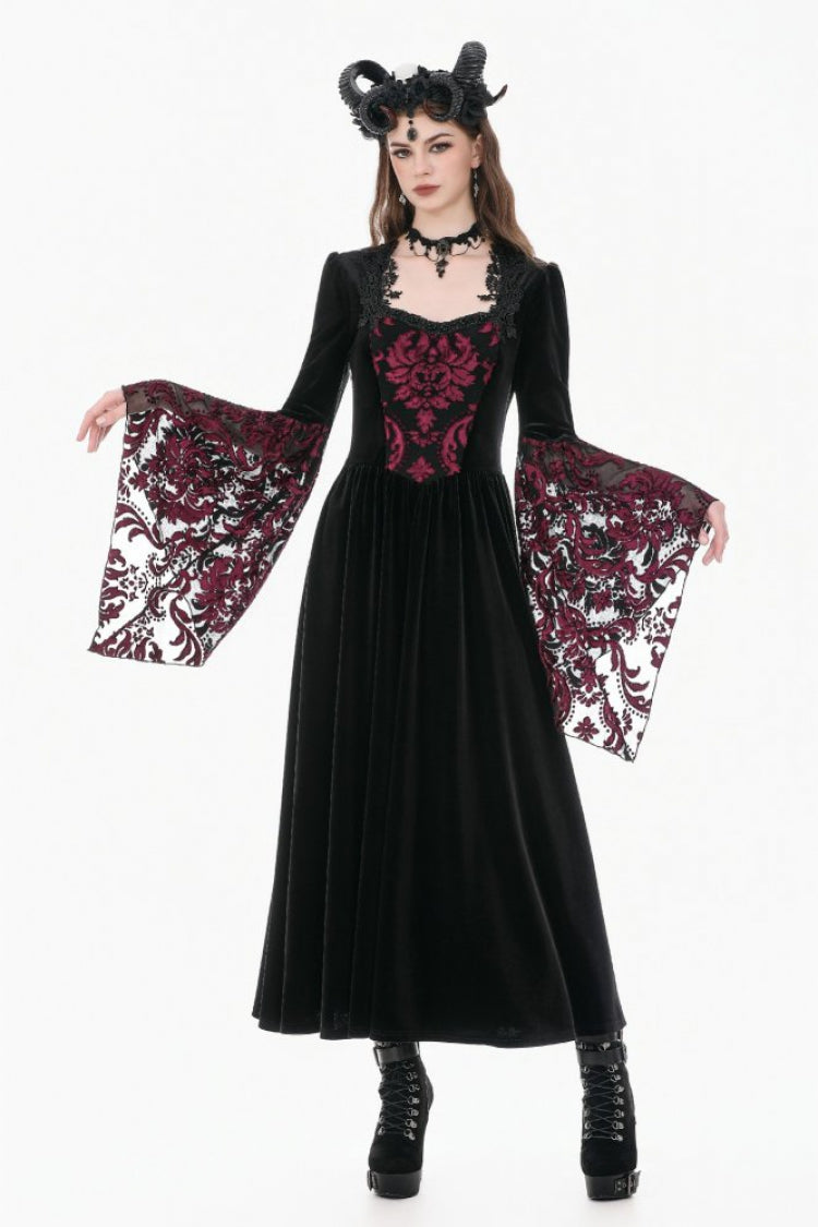 Crimson & Obsidian Square Collar Long Flare Puff Sleeves Lace Victorian Velvet Long Dress