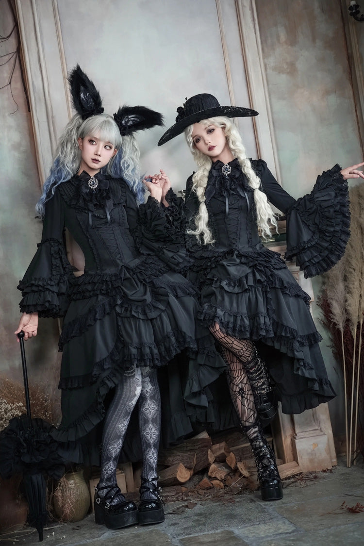 Ebony Flared Sleeve Tiered Lace-Up Bow Gothic JSK Ensemble - Immortal Phoenix