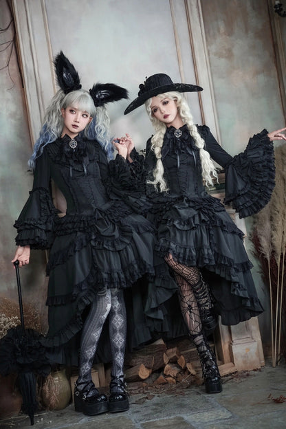 Ebony Flared Sleeve Tiered Lace-Up Bow Gothic JSK Ensemble - Immortal Phoenix