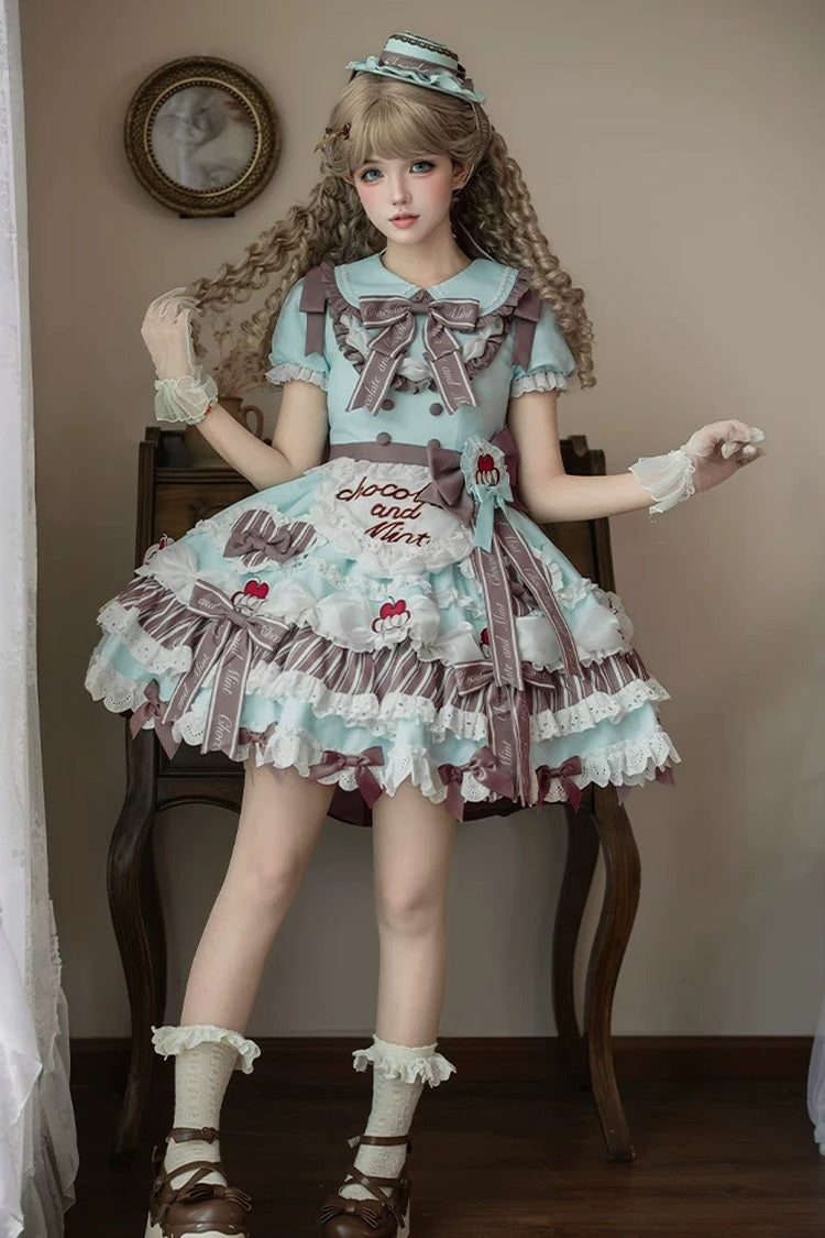 Emerald Lapel Collar Short Sleeve Triple-Layer Printed Ruffled Bow Lace Princess Sweet Lolita Gown