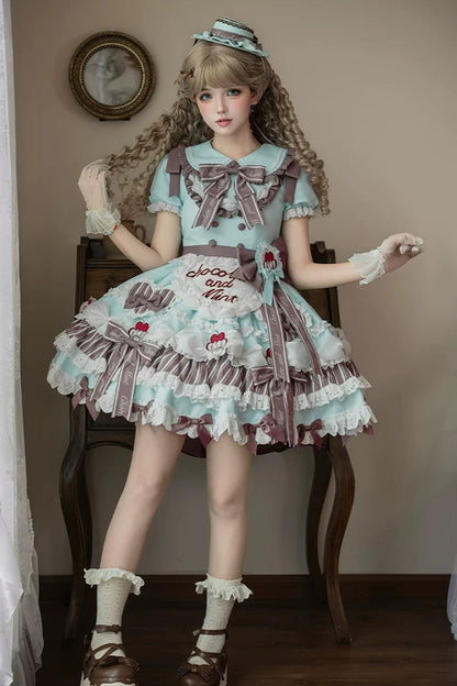 Emerald Lapel Collar Short Sleeve Triple-Layer Printed Ruffled Bow Lace Princess Sweet Lolita Gown