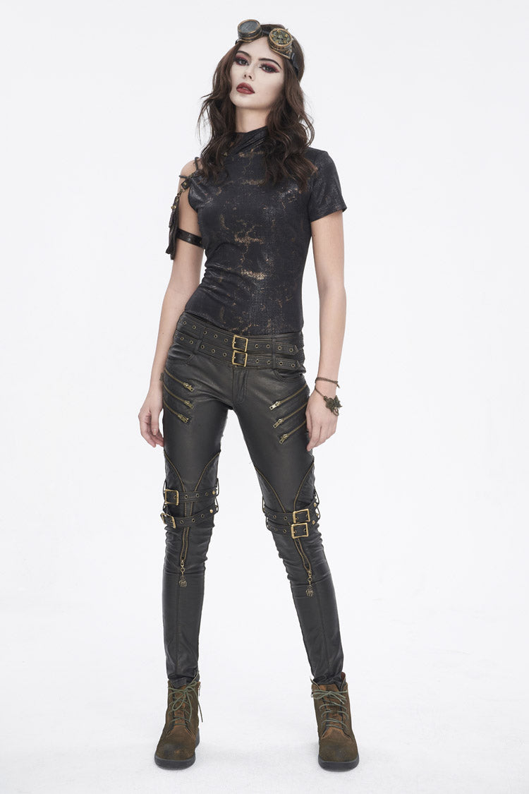 Graphic Spaghetti-Strap Punk Top with Buckle Accents