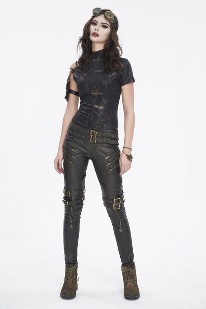 Graphic Spaghetti-Strap Punk Top with Buckle Accents