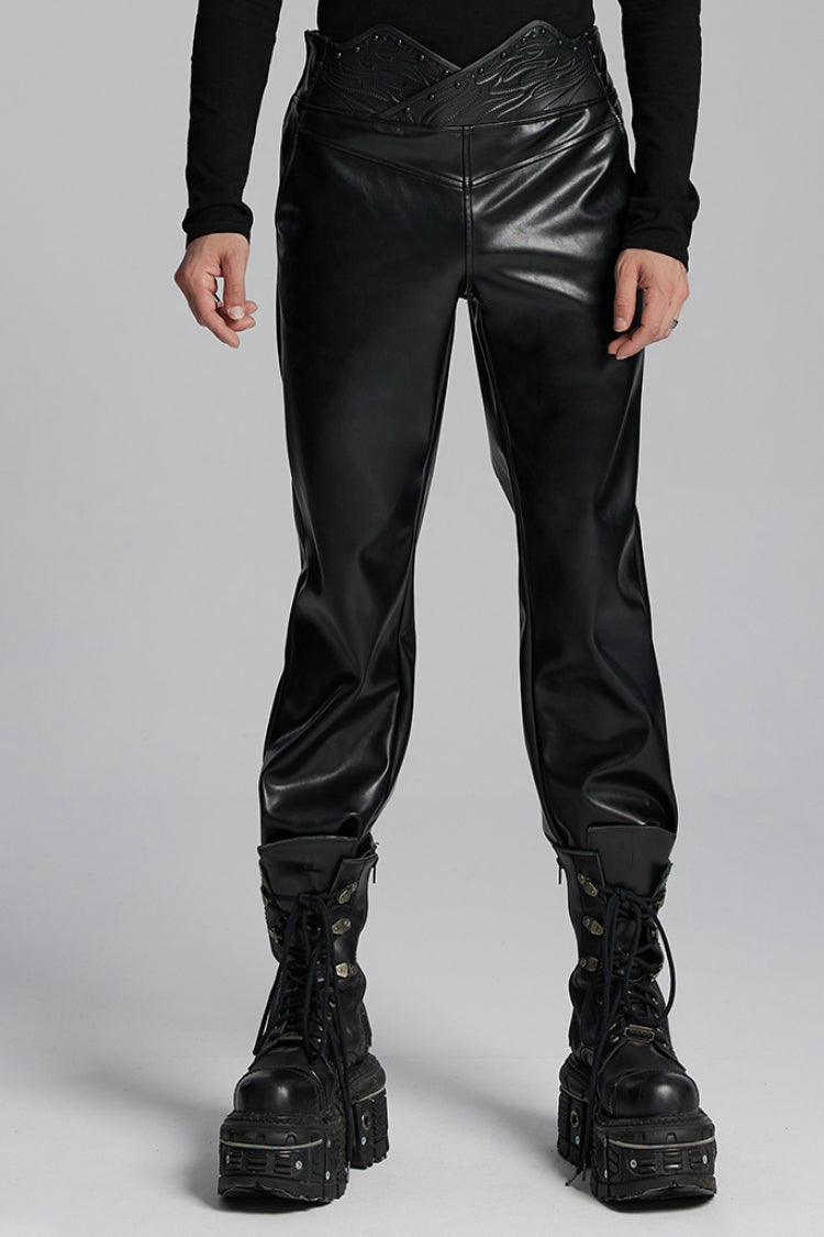 Punk Leather Pants for Men - Black Slim Fit