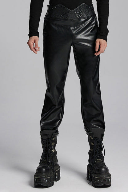 Punk Leather Pants for Men - Black Slim Fit