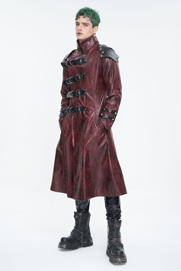 Crimson High-Neck Punk Leather-Look Long Coat with Multiple Buckles