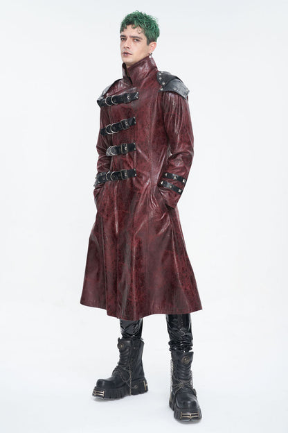 Crimson High-Neck Punk Leather-Look Long Coat with Multiple Buckles