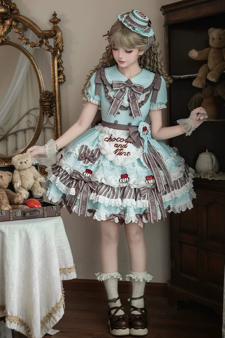 Emerald Lapel Collar Short Sleeve Triple-Layer Printed Ruffled Bow Lace Princess Sweet Lolita Gown